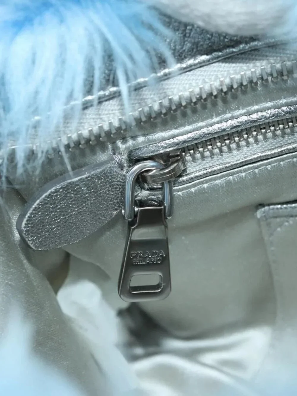 PRADA Clutch Bag Fur Silver Light Blue Auth